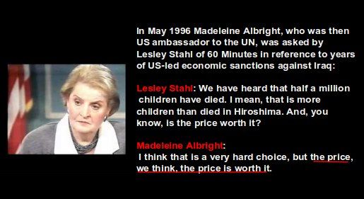 La vie des enfants #irakiens, «un prix à payer» : phrase atroce prononcée le 12 mai 1996 par Madeleine Albright, alors ambassadrice américaine aux Nations Unies bit.ly/3DewBdx