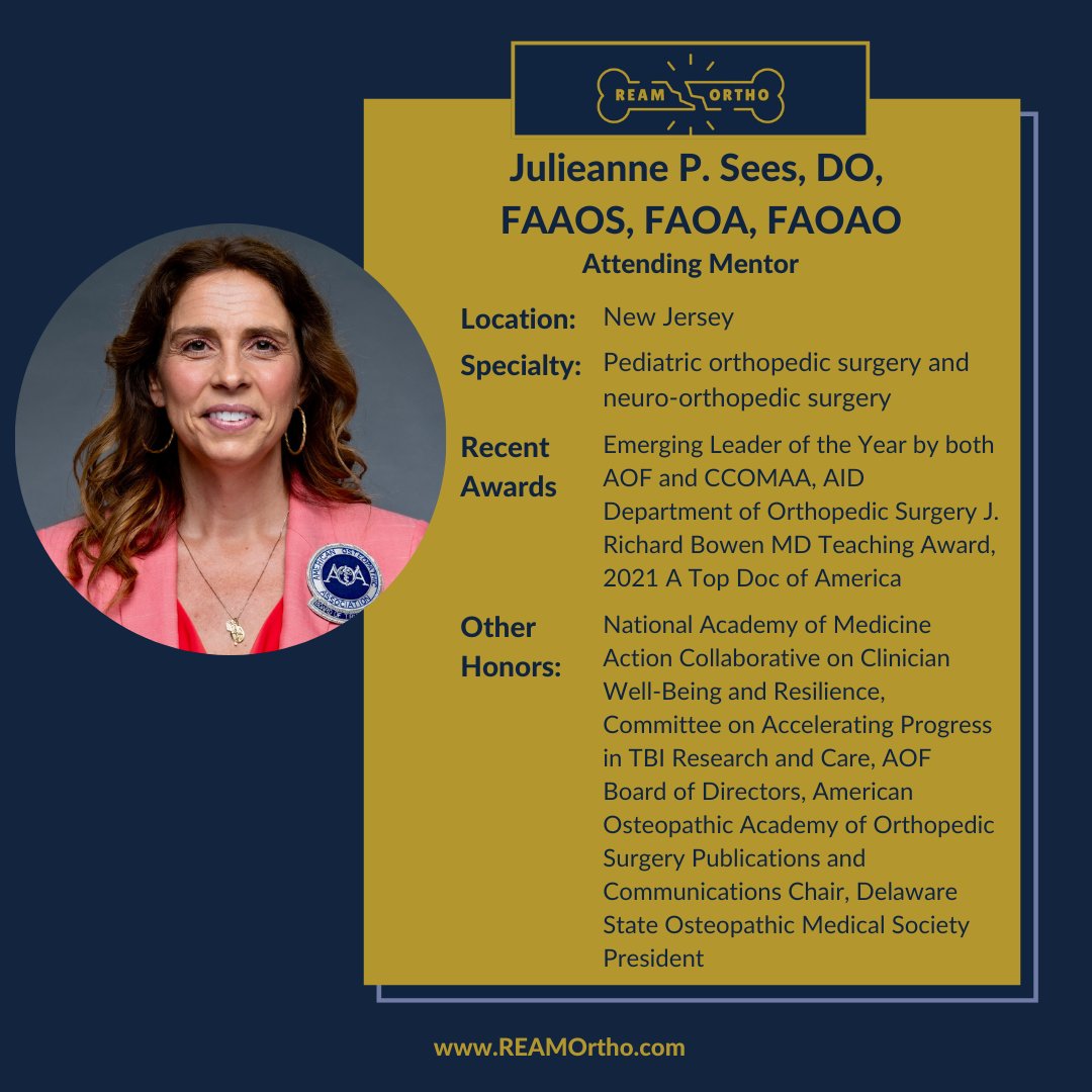 Meet our Attendings!
Julieanne P. Sees, DO, FAAOS, FAOA, FAOAO, is an AOA board-certified osteopathic orthopedic surgeon with dual fellowship training in pediatric orthopedic surgery and neuro-orthopedic surgery. Learn more at reamortho.com

#orthotwitter #medtwitter