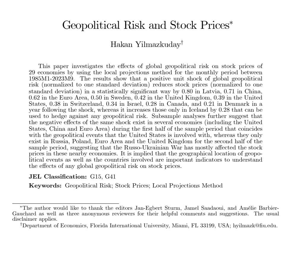 JUST ACCEPTED: 'Geopolitical Risk and Stock Prices' has been accepted for publication at the European Journal of Political Economy. This paper investigates the effects of global geopolitical risk on stock prices of 29 economies by using the local projections method for the