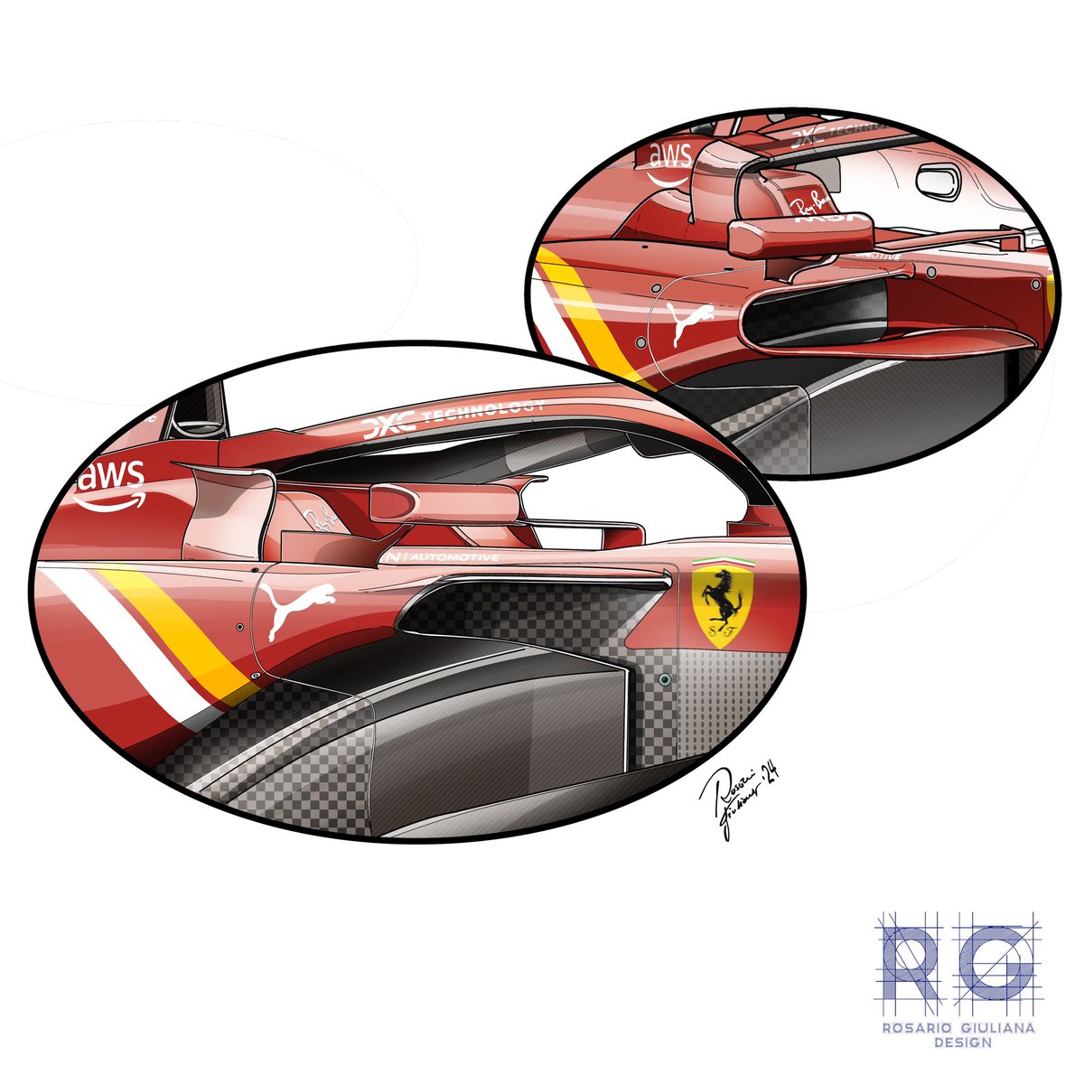 Ferrari at Fiorano approved the big update package for Imola which transforms the SF-24 into a 2.0 version. The new shark mouth cooling inlets and the abolition of the by-pass duct. The vertical inlet is now connected with the shark mouths, and has a similar shape to Alpine. The