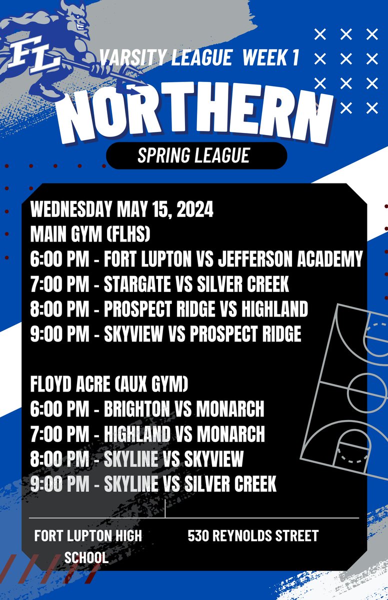 It’s Northern Spring/Summer league start time. This is the 11th year of this league hosted by Fort Lupton Bluedevils. Here is our week one schedule for this Wednesday! Good luck to all teams. @Bluedevils_FLHS @Bball_CO @claytonconover @PrepHoops @CoPreps @Sportsland
