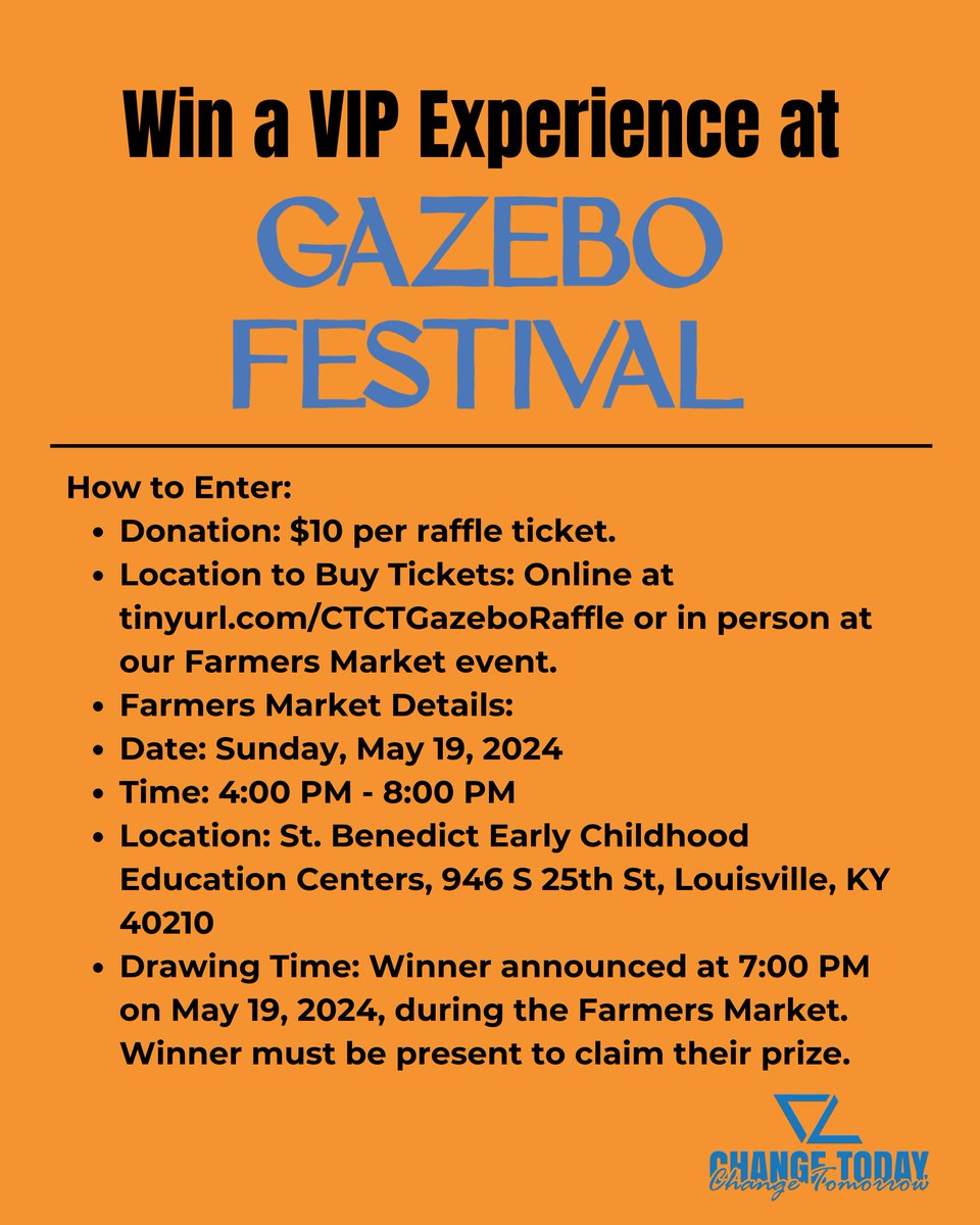 Support CTCT and enter for your chance to win a pair of VIP Weekend Passes to Gazebo Fest. Winner announced at 7:00 PM on May 19, during the Farmers Market. The winner must be present to claim their prize. Enter by donating $10 or more here tinyurl.com/CTCTGazeboRaff…
