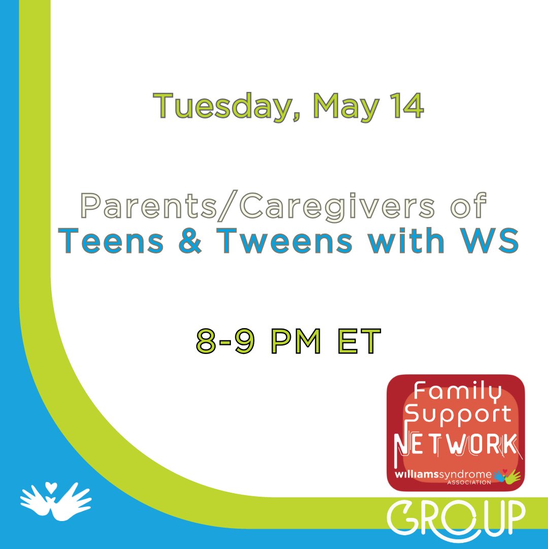 "It's gonna be May!" - NSYNC

Here are this week's FSN Groups!

Meet other parents/caregivers on their journies with Williams syndrome.

Find more information and Register at williams-syndrome.org/events
#williamssyndrome #williamssyndromeawareness #wsa #WSAFSN #WSAGroups