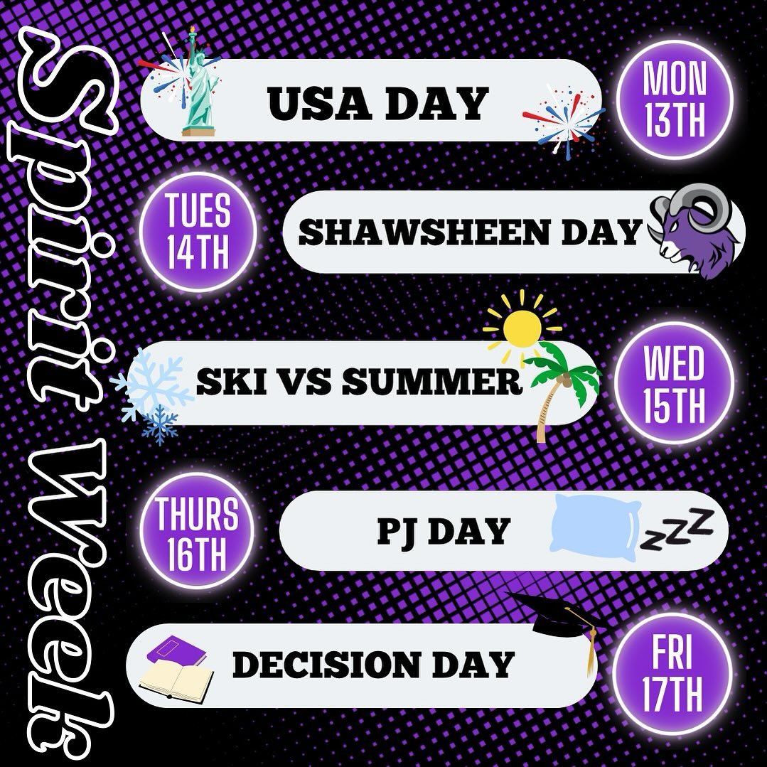 Hey, students...Spirit Week is here! 🎉 Here's the lineup for the week.

Monday: #USADay
Tuesday: #ShawsheenDay
Wednesday: Team Ski or Team Summer
Thursday: PJ Day
Friday: Decision Day

#WeAreShawsheen #ShawTechCTE