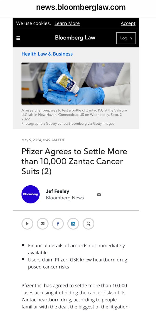Pfizer settling 10,000 Zantac cancer claims. Pfizer should basically be treated as a “repeat offender” at this point. How anyone with a modicum of a conscience can coerce, force or require their fellow to take a Pfizer product, is beyond comprehension. news.bloomberglaw.com/health-law-and…