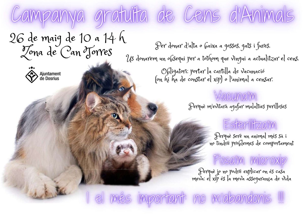 Torna el cap de setmana més ‘animal, a Dosrius 🐶 El proper 26 de maig, el municipi acollirà la tercera Fira Animalista i la 18a desfilada canina, a càrrec de la protectora d’Amics dels Animals de Dosrius 🐯 ➕ shorturl.at/juwR1 #Dosrius