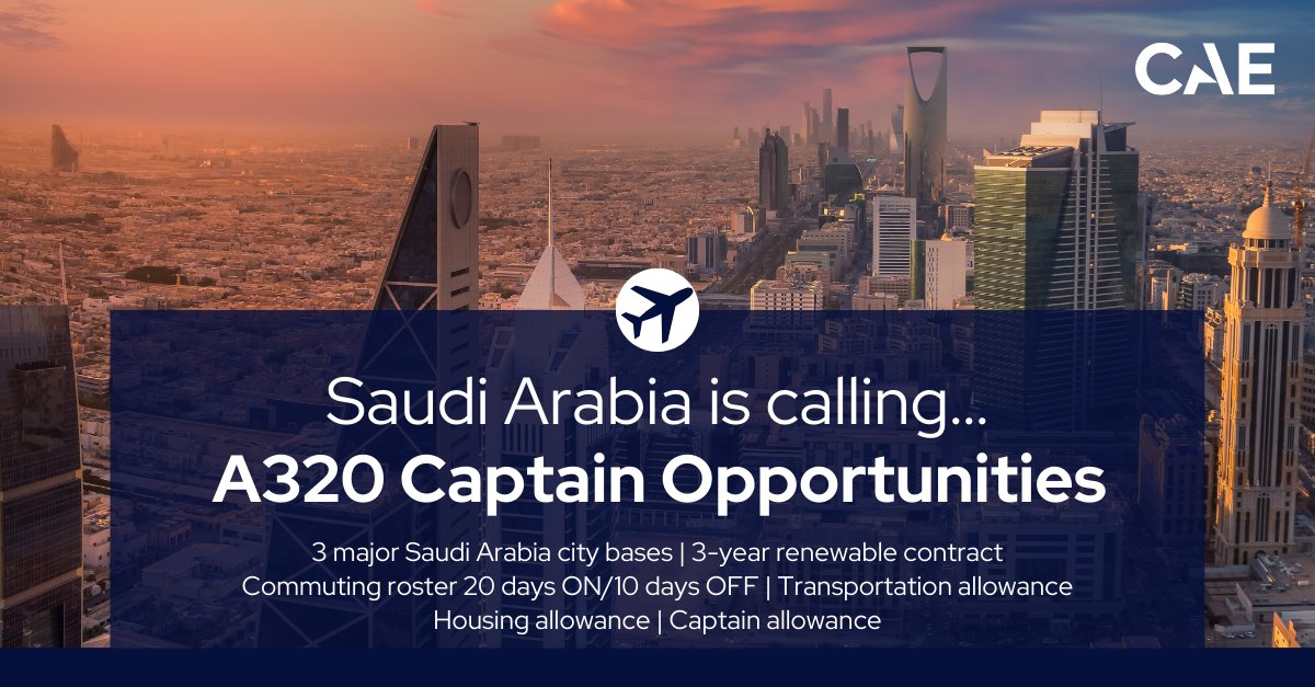 Click Here to Apply: bit.ly/3x8fOda

Exciting #Pilots opportunities for #A320 Captains! ✈️
 
#AviationJobs #PilotJobs #SaudiArabia #Aviation