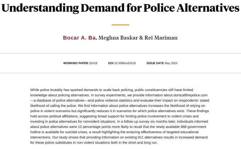 Educational videos on police alternatives may reduce public reliance on police for nonviolent issues, allowing for better responses to violent incidents, from @bocar_a, Meghna Baskar, and Rei Mariman nber.org/papers/w32418