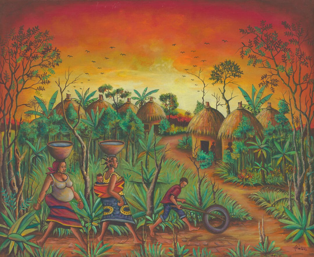 #AfricanArt #Africans #acrylicpainting or #artprint
Painting of the Day.  Village
 > > artcameroon.com/village/
A beautiful depiction of a traditional African village with thatched roof huts. Filled with life &energy, the village is depicted in a state of peace &tranquility.