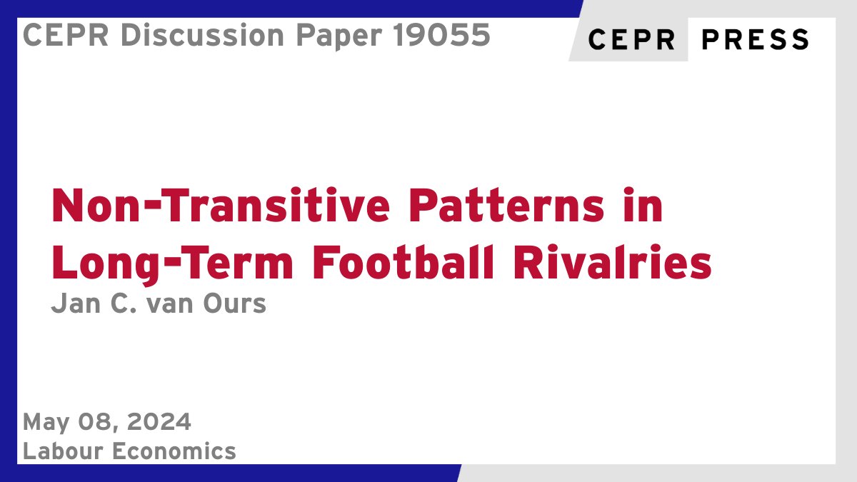 New CEPR Discussion Paper - DP19055 Non-Transitive Patterns in Long-Term #Football Rivalries Jan C. van Ours @janvanours @erasmusuni @ErasmusESE ow.ly/pWbh50RBmgz #CEPR_LE #economics
