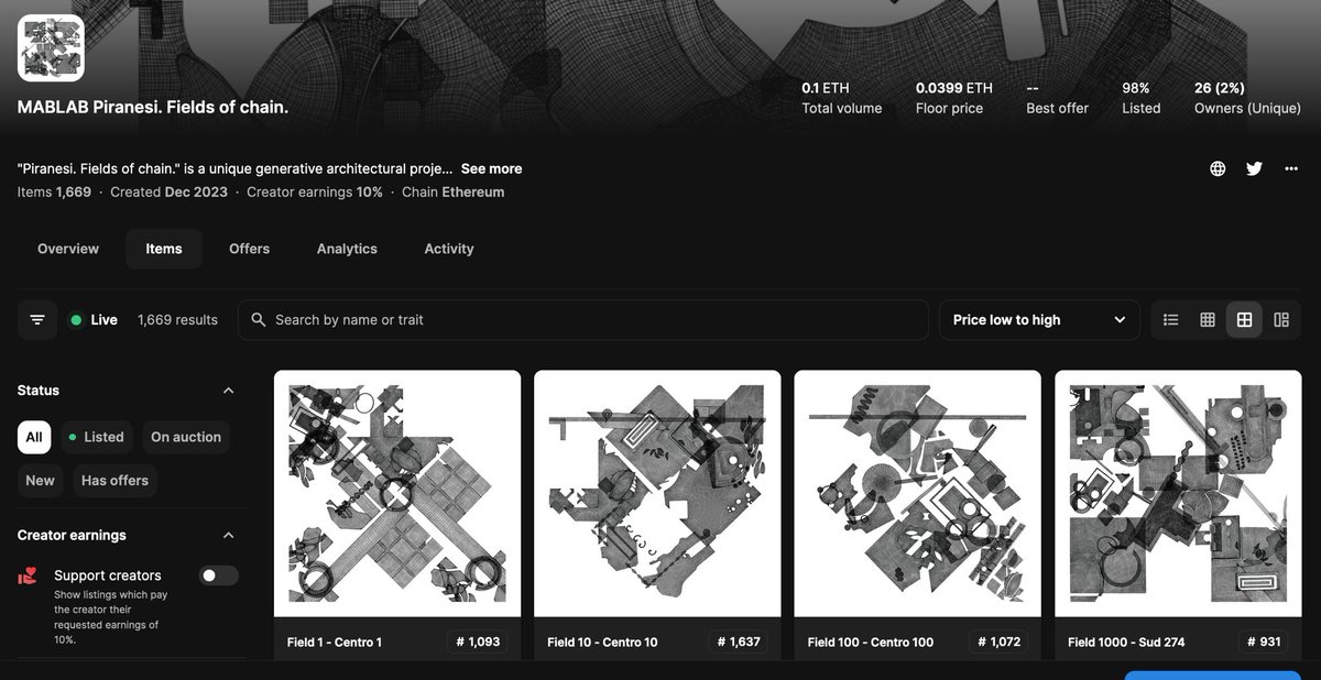 Gm dear friends, collectors and connoisseurs! Please attention for an important update! 🔔🔔🔔

Our generative architectural project Piranesi. Fields of chain. is NOW fully available on @opensea marketplace! 

Piranesi. Fields of chain.
0.0399 $ETH

Generative architectural