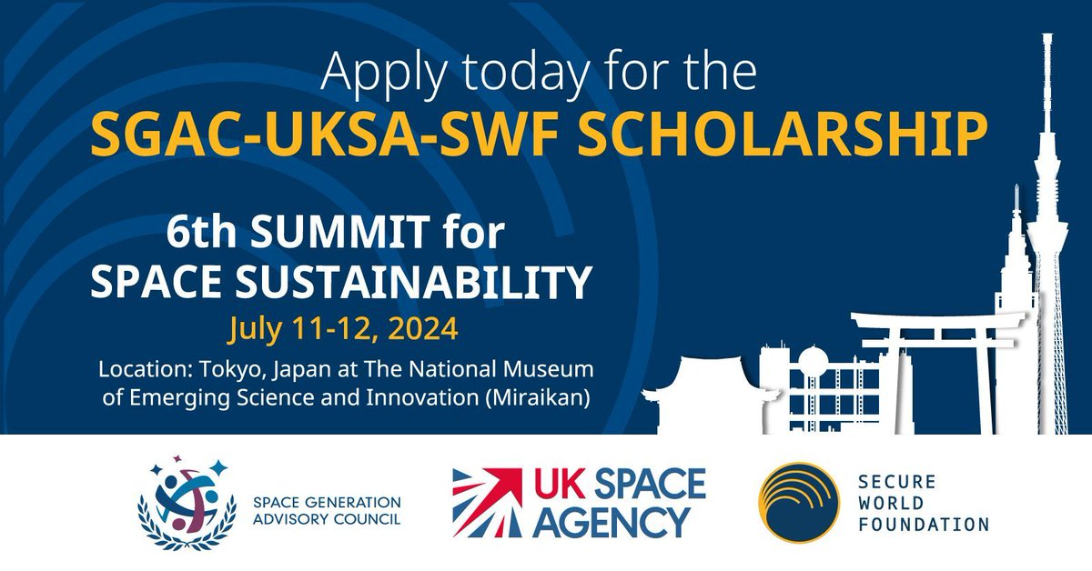 ⏳ Today's the deadline! Submit your application for the @SGAC @spacegovuk SWF scholarship by 23:59 GMT tonight! Don't miss your chance to join global leaders in Tokyo for #SWFsummit24. Send in your video application here: buff.ly/3y1p3fW