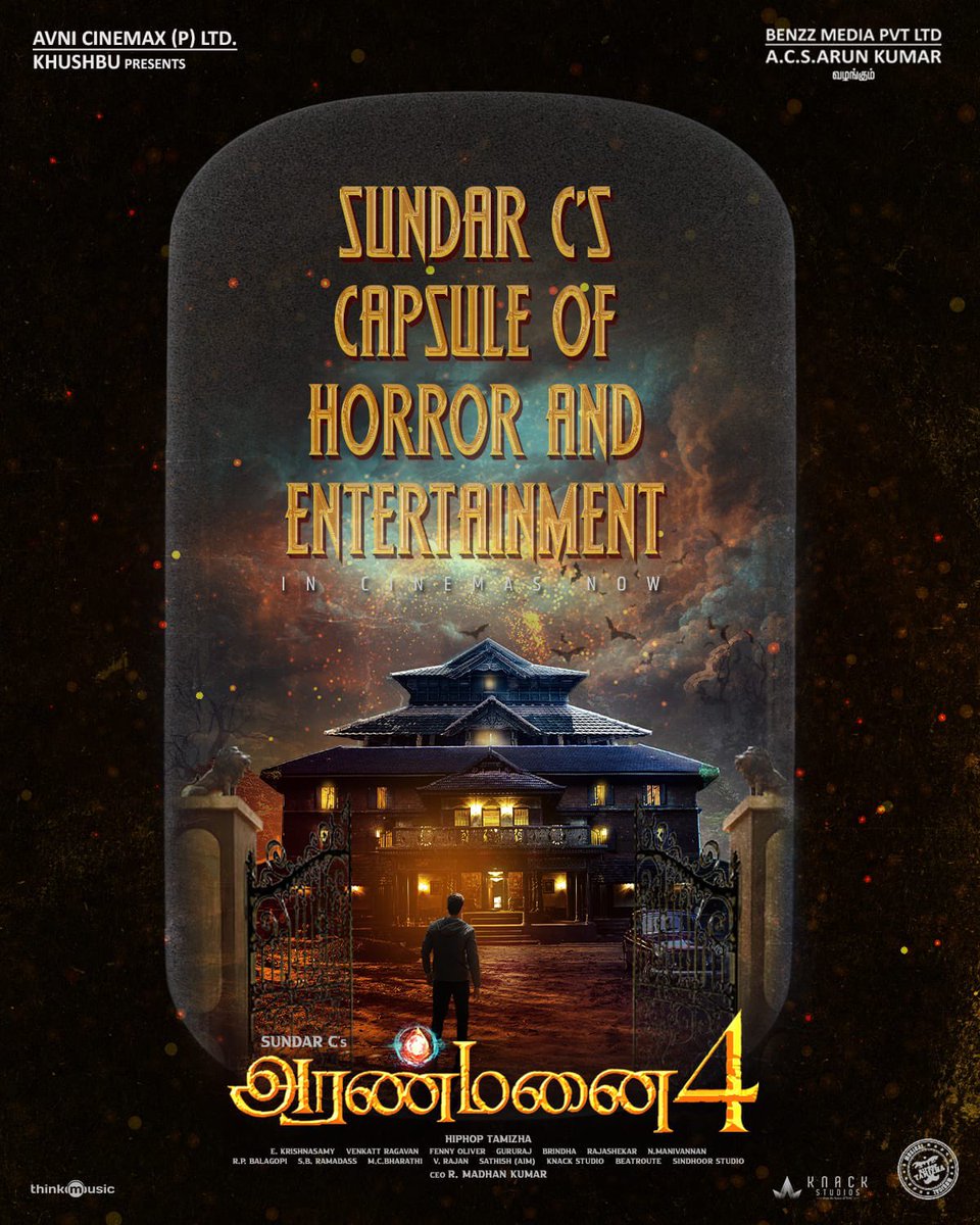 Don't miss #SundarC's capsule of horror and entertainment🤩💥 now in theaters. #Aranmanai4 🏚⚡ the ultimate family entertainment fest👨‍👩‍👦🎡 #Aranmanai4BlockbusterHit A @hiphoptamizha musical🎶 @khushsundar @AvniCinemax @benzzmedia @tamannaahspeaks #RaashiKhanna