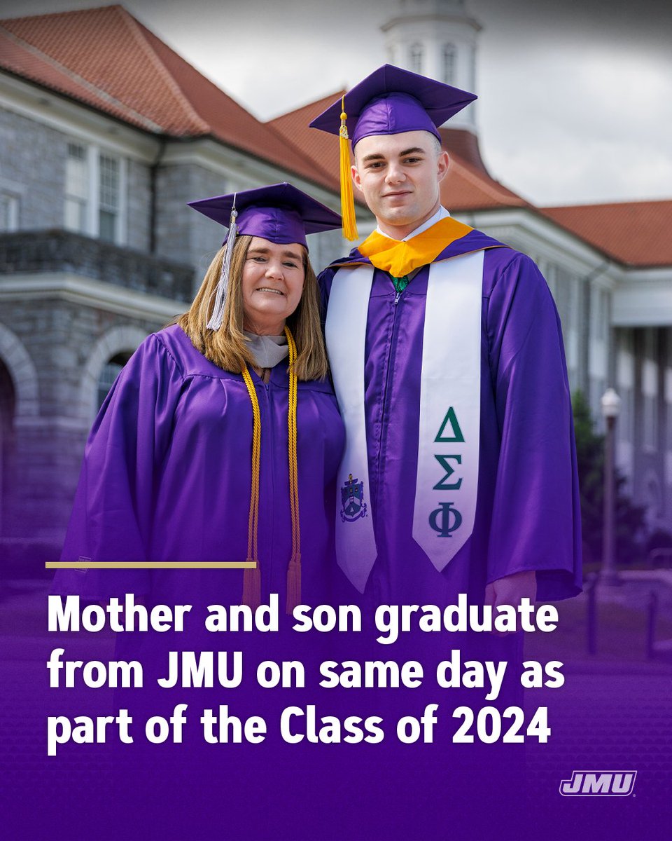 The Leonards really do Bleed Purple! Mother LouAnn and son Bryce both joined the @JMUAlumni family when they both graduated from JMU this weekend. 💜 LouAnn is a graduate of @JMUCoE, the @JMUPCE and University Studies and Bryce is a graduate of @JMUCOB.