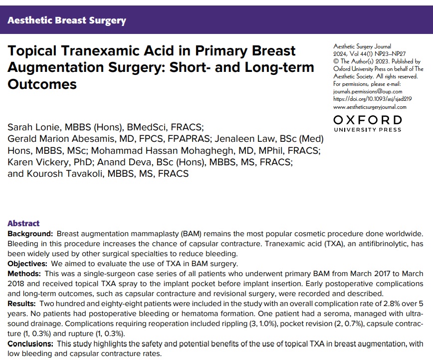 'Topical Tranexamic Acid in Primary Breast Augmentation Surgery: Short- and Long-term Outcomes' ➡️Objectives: The authors aimed to evaluate the use of TXA in BAM surgery. 🔗Read the paper: doi.org/10.1093/asj/sj… 🔗Read the Commentary: doi.org/10.1093/asj/sj… @phaedracress