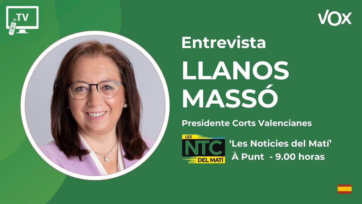 📺 No te pierdas mañana, lunes, la entrevista en @NTCdelMati de @apunt_media a nuestra presidente provincial y presidente de @cortsval, @LlanosMasso.