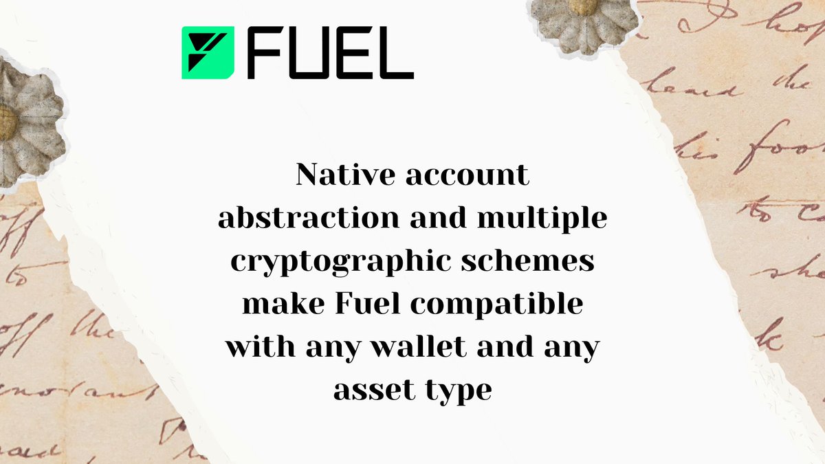 Native account abstraction and multiple cryptographic schemes make Fuel compatible with any wallet and any asset type.
Twitter - @fuel_network 

#Fuel #FuelNetwork