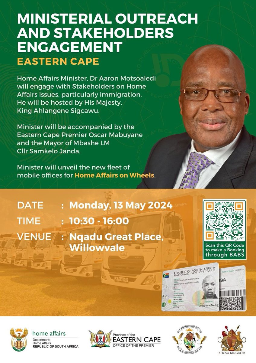 The Minister of Home Affairs, Dr Aaron Motsoaledi, is set to visit His Majesty, King Ahlangene Sigcawu on Monday, 13 May 2024. The purpose of the visit is to interact with key stakeholders on matters pertaining to immigration around the Mbhashe LM @HomeAffairsSA @OscarMabuyane