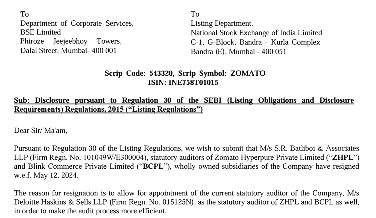 🚨 SR Batliboi (Ernst & Young) has resigned as statutory auditors of Zomato's subsidiaries Blink Commerce and Hyperpure

Zomato is consolidating its audit of its holding  company and subsidiary with Deloitte