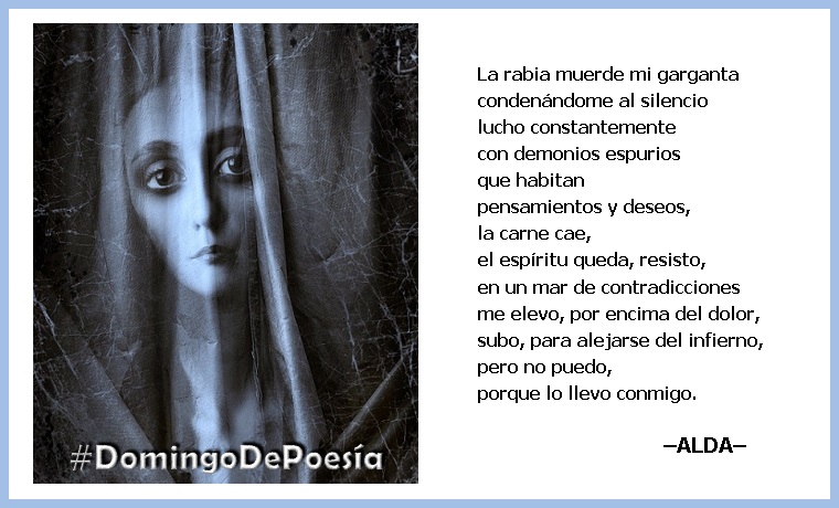 🔽
en un mar de contradicciones
me elevo, por encima del dolor,
subo, para alejarse del infierno,
pero no puedo,
porque lo llevo conmigo.

–ALDA–
#RetoDominical #12mayo
#DomingoDePoesía #LaVidaEnVersos #LYF15