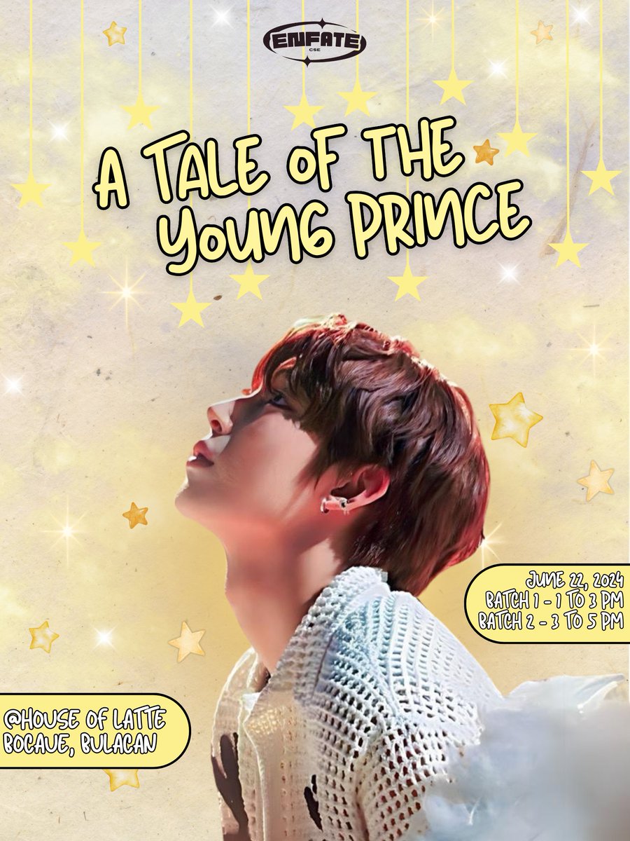 enfate_bulacan's tweet image. 🥀 A Tale of the Young Prince: Sunoo Birthday Cupsleeve Event 🦊

🗓️ June 22, 2024
📍 House of Latte, Wakas Crossing, Bocaue, Bulacan 
⏰ 1PM-3PM; 3PM-5PM
🎟️ P220 (PAYO)
🔗 tinyurl.com/yu8njh2x

See you there, Engenes 👑

#OnceUponATimeWithSunoo  #ENHYPEN_SUNOO #SUNOO
#ENHYPEN