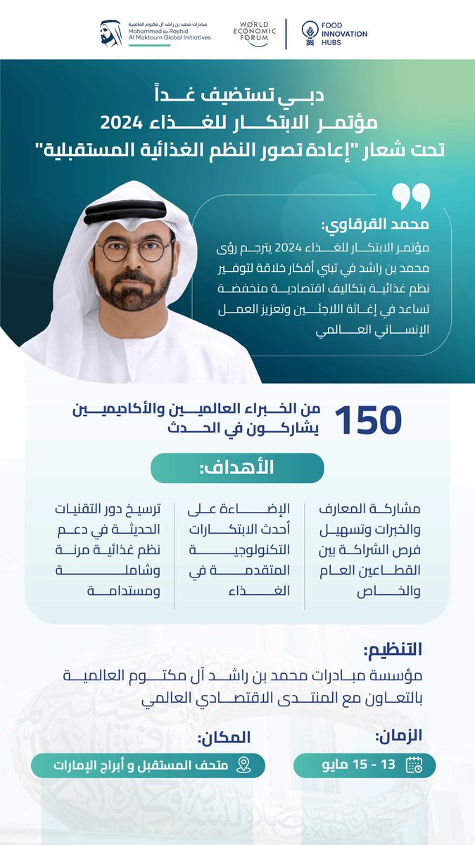 #دبي تستضيف غداً مؤتمر الابتكار للغذاء 2024 تحت شعار 'إعادة تصور النظم الغذائية المستقبلية'

#وام 
wam.ae/a/b3466y4