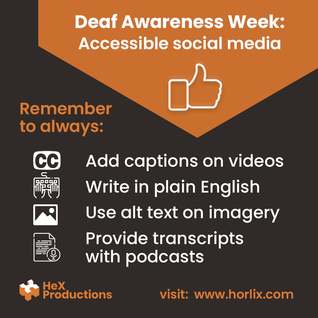 While you are using social media this weekend, don't forget to create your content so that #Deaf people can enjoy your posts too: Add captions on videos Provide transcripts with podcasts Use alt text with imagery Write in plain English #DeafAwarenessWeek #A11y #Accessibility