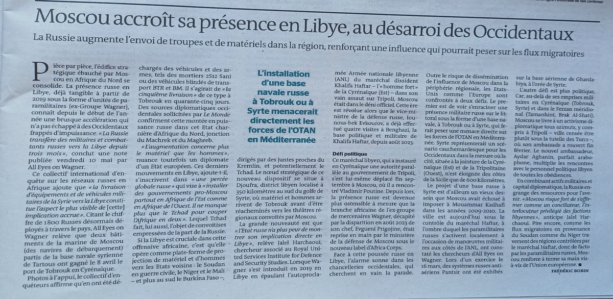 #Libia: allarmante articolo di @lemondefr sulla possibile creazione di una base navale della #Russia a #Tobruch o ,peggio ancora , a #Sirte. Ciò, sottolinea il servizio, ' farebbe pesare una minaccia diretta sulle forze della #Nato nel Mediterraneo. Sirte rappresenterebbe uno