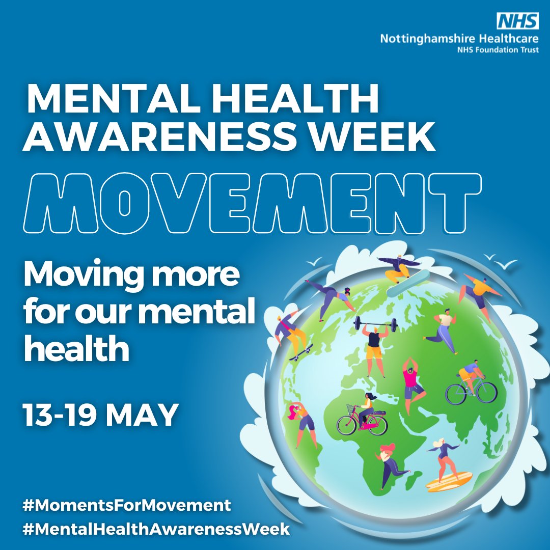 #MentalHealthAwarenessWeek starts tomorrow & the focus is moving more. We'll be raising awareness of things you can do to move more for your mental health. We’ll also bring you info about support available to help you look after your mental health & wellbeing. #MomentsForMovement