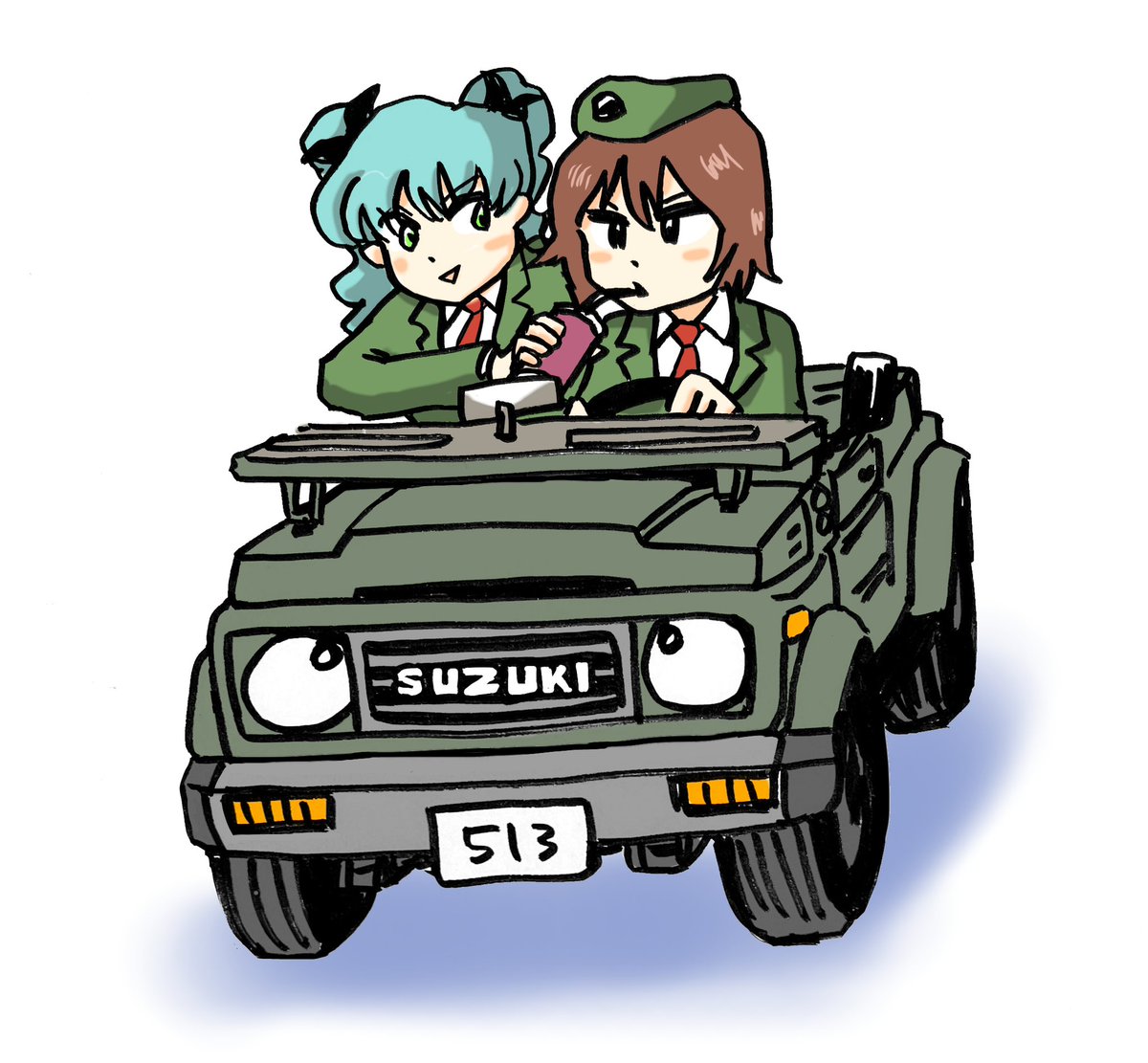 anchovy (girls und panzer) short hair multiple girls brown hair white background hat ribbon 2girls  illustration images