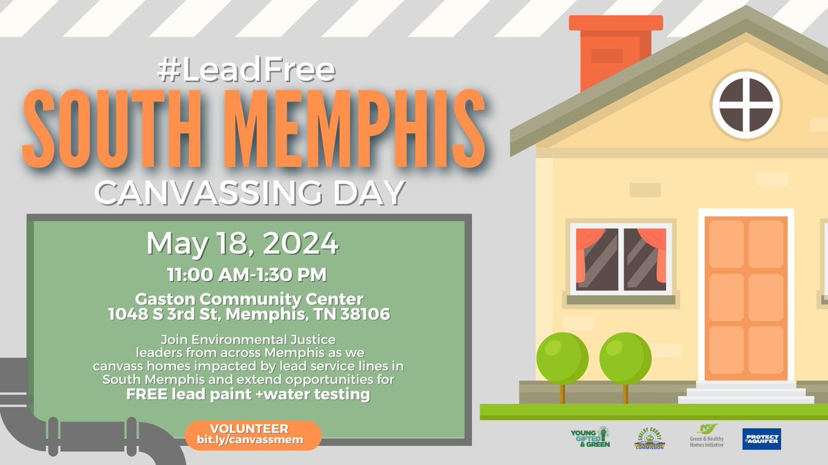 Join us Next Week May 18th as we canvass homes impacted by lead service lines in the South Memphis Community and extend opportunities for FREE water and lead paint testing. bit.ly/canvassmem. #EnvironmentalJustice #Memphis #health #environment