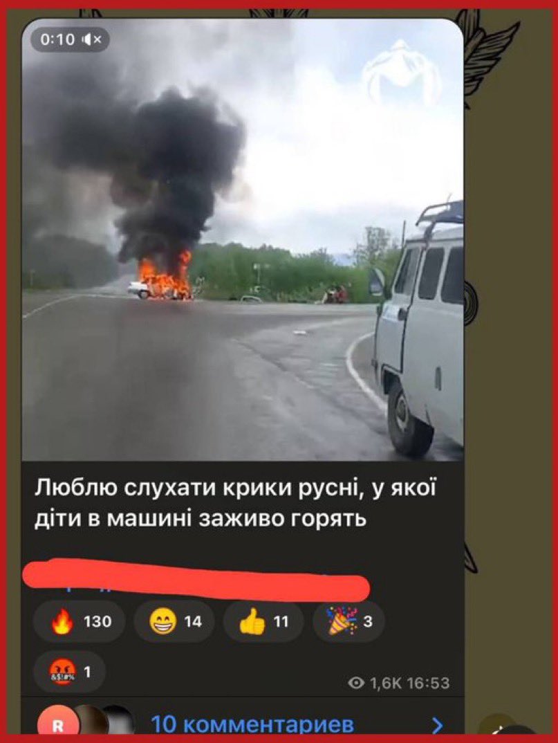 An average pro-🇺🇦 supporter on Telegram: 'I like to listen to the screams of a Russian woman whose children are burning alive in the car'