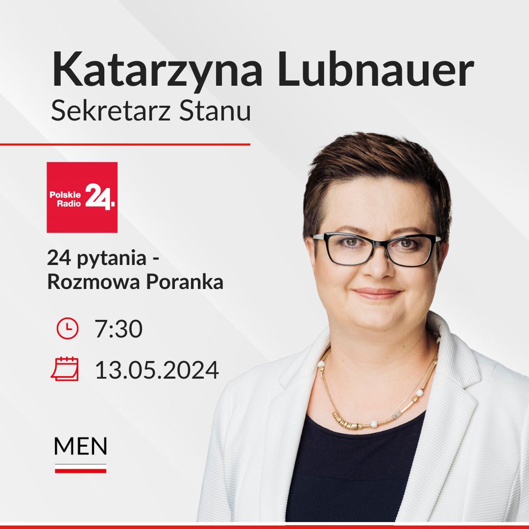 ➡️ Wiceministra @KLubnauer będzie jutro gościem w programie 24 pytania - Rozmowa Poranka. Serdecznie zapraszamy do wysłuchania rozmowy. 📻 @PolskieRadio24, poniedziałek, 13 maja 2024 r., godz. 7:30.