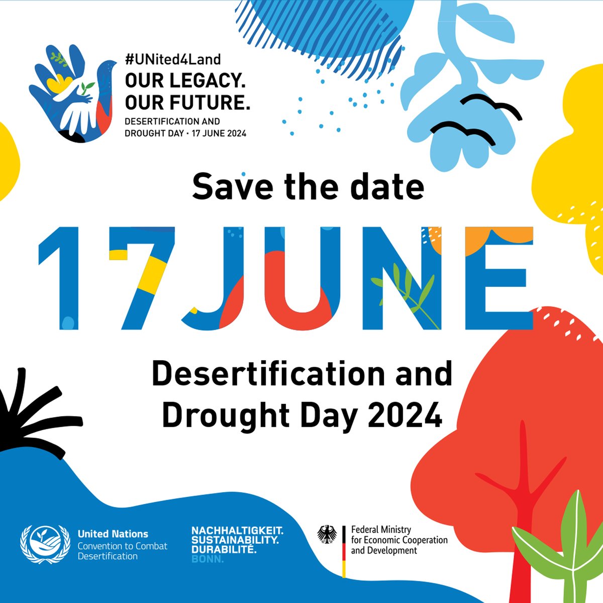 📅 Save the date!
🚀 Unveiling the #DesertificationAndDroughtDay 2024 logo! A symbol of unity for land restoration. 
🌱Join us in turning the tide against land degradation and forging a sustainable future. Every action counts! 
#United4Land ➡️ unccd.int/DDD2024