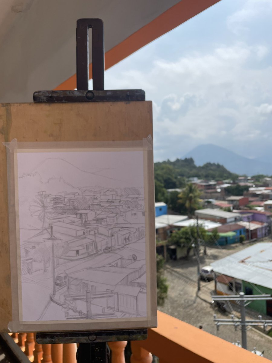 View on Juayuà from the roof top of @VistaVolcanes (thanks guys!) with the Ilamatepec volcano on the horizon. Gouache on Paper, 24x34cm. Available for #Bitcoin. #juayua #elsalvador🇸🇻 #landscapepainting #gouache #pleinair #pleinairpainting #pleinairmalerei