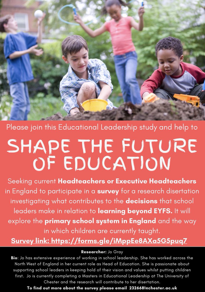 Please share! Are you a current Headteacher or Exec Headteacher and could you spare 5 minutes to support my MA research investigating what informs decisions that school leaders make in relation to learning beyond EYFS? Thank you so much! Survey link: forms.gle/iMppEe8AXa5G5p…