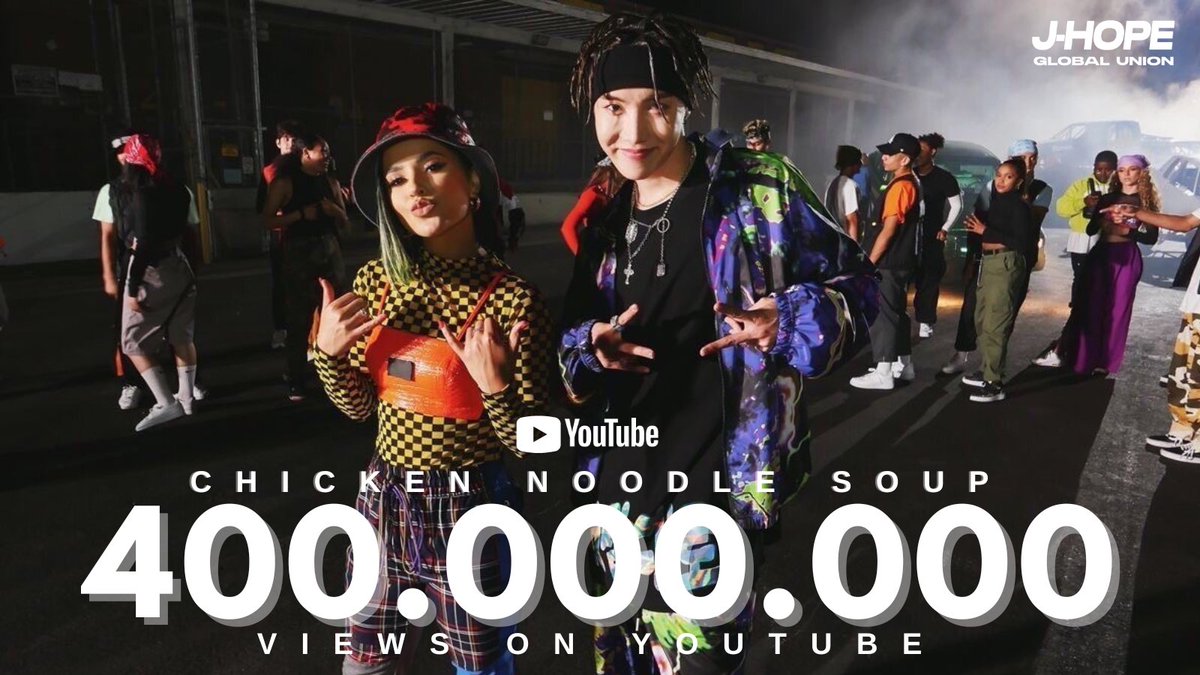 'Chicken Noodle Soup (feat. Becky G)' MV by j-hope has surpassed 400 MILLION views on YouTube (youtu.be/i23NEQEFpgQ) #jhope #CNS400M #CNS400Mviews CNS 400M VIEWS CONGRATULATIONS J-HOPE & BECKY G