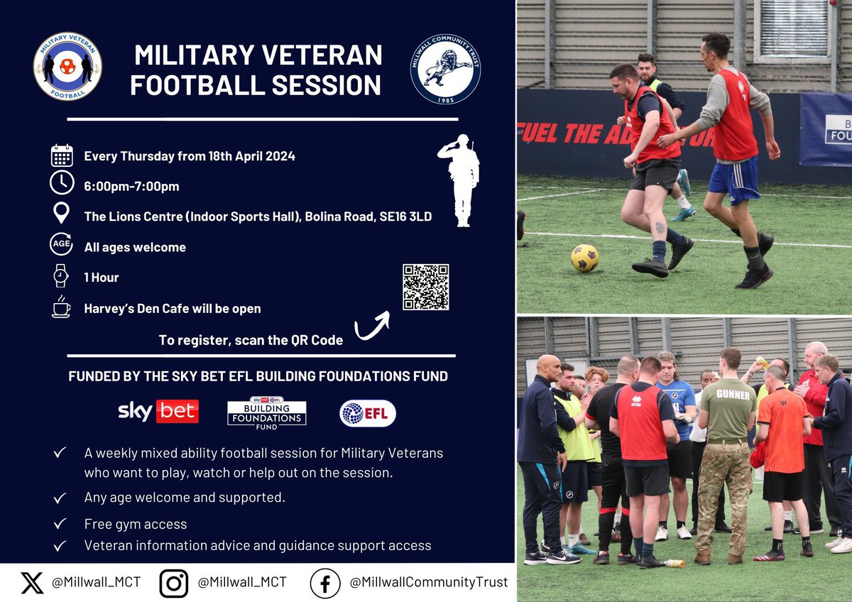 👊 Military Veteran Football Session! 🗓️ Every Thursday 📍 The Lions Centre (Indoor Sports Hall) ⏰ 6:00pm-7:00pm 🤝 All ages welcome #Millwall #Lewisham #Southwark #Sevenoaks #1Club1Community