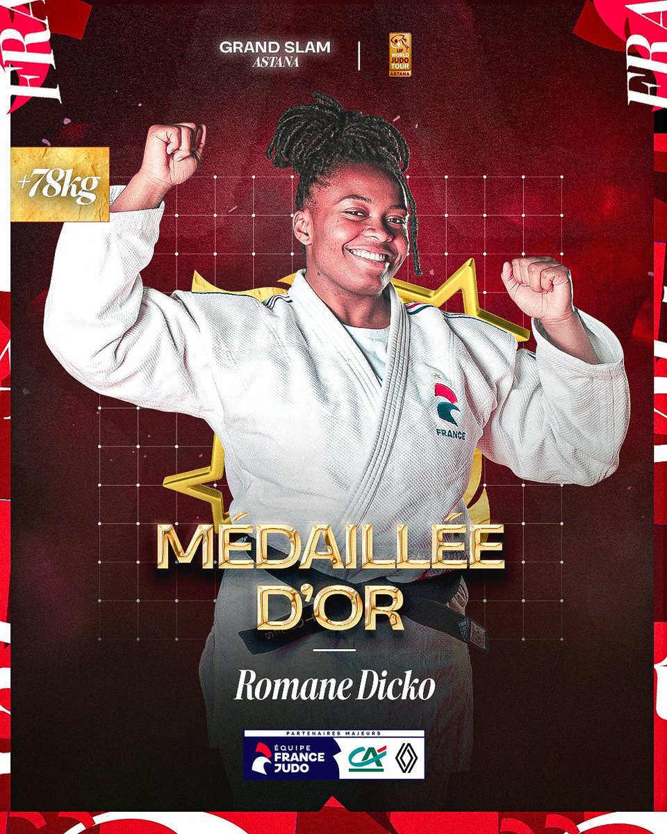 ROMANE DICKO MÉDAILLÉE D’OR ! 🔥🥇

4 combats,
4 ippons,
3ème médaille d’or en 2024.

Journée parfaite, bravo Roroooo ! 👏👏👏

#JudoAstana #GoLesBleus #FierdEtreJudoka