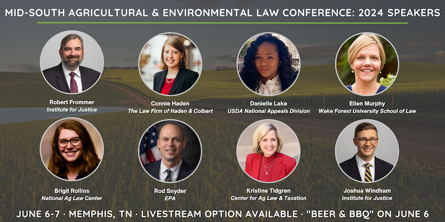 Excited to hear this group of speakers at our Mid-South Ag & Environmental Law Conference! #Pesticides, #CorporateTransparencyAct + more on the agenda. June 6-7 at @memlawschool/via livestream. 'Early Bird' Bonus CLE online May 14!

Registration/info: nationalaglawcenter.org/midsouth2024/