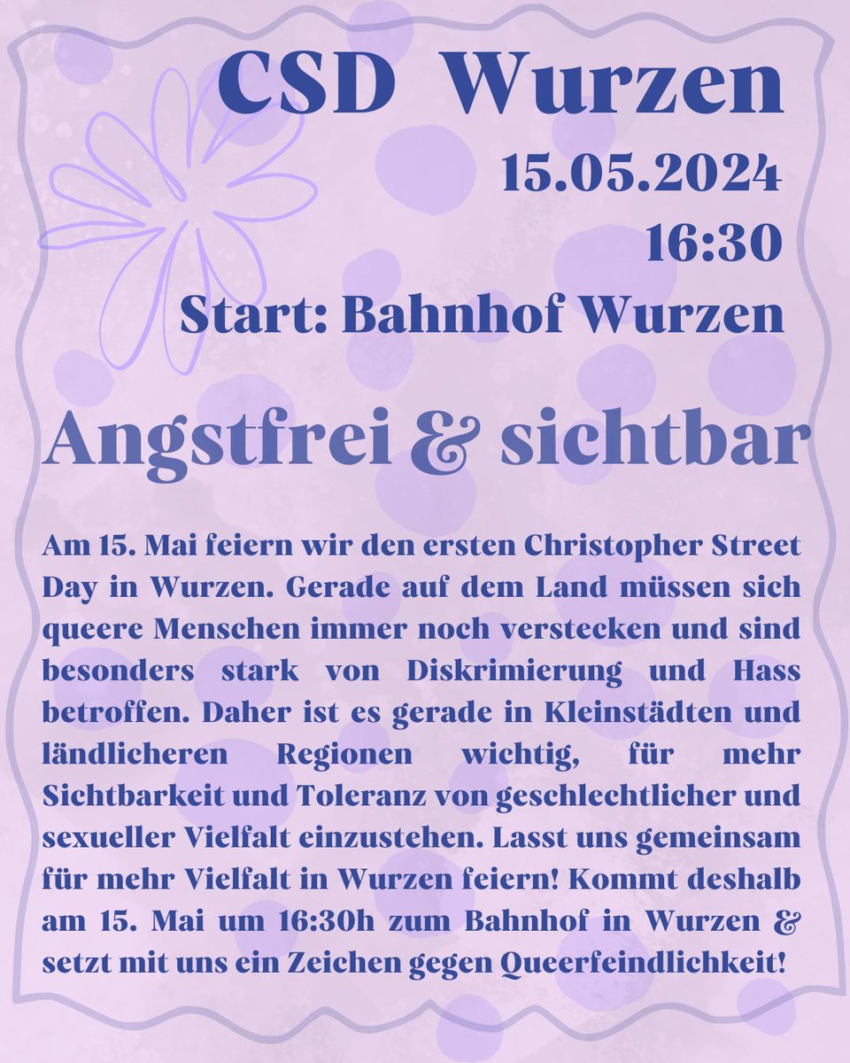 Erster #CSD in Wurzen! 👉🏼 15.05.2024 ab 16.30 Uhr, Start: Bahnhof #Wurzen Veranstaltung des #NDK Wurzen. Mehr Info: ndk-wurzen.de/veranstaltunge…