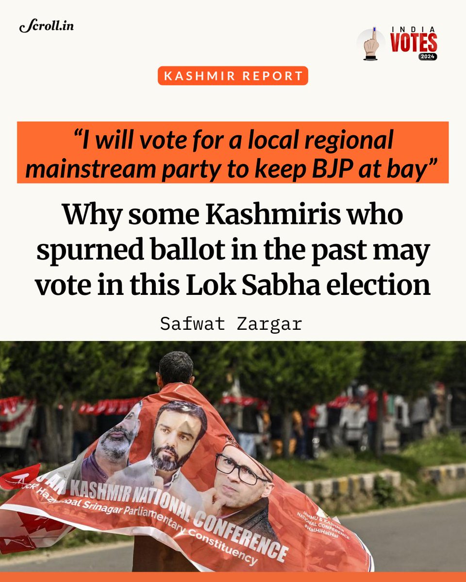 #Election2024 | “The fight this time is against BJP because of its anti-Muslim politics and onslaught on Kashmiris. We need to have some shield against them.' scroll.in/article/106767… @safwatzgr reports why some Kashmiris may vote in this Lok Sabha election