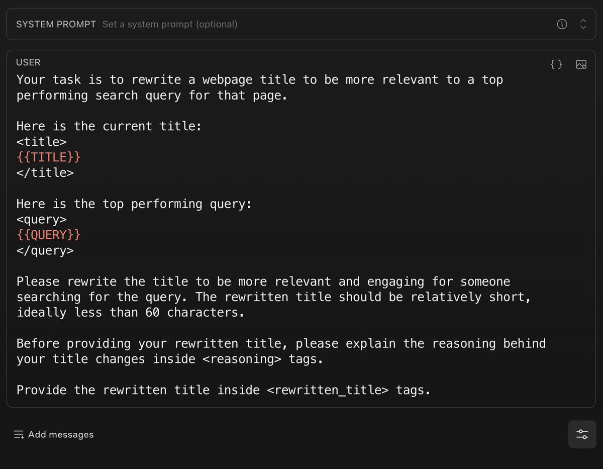 natzir9's tweet photo. 🆕Anthropic ha sacado un Prompt Generator que funciona asombrosamente bien. Le he pasado una instrucción sencilla: "Reescribe los <title> en base a la top performing query para para sean relevantes" y ha hecho este prompt que, sin ser perfecto, es suficiente para instrucción dada https://t.co/M7BZbICrSa