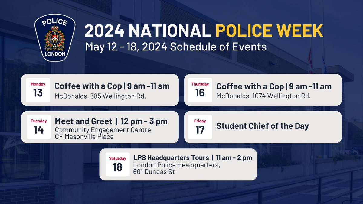 Happy National Police Week, #LdnOnt! 👮 🚔 🎉 This week we have lots of things going on to celebrate the policing profession and the hard work of our members – sworn and civilian. Check it out and join us tomorrow morning for Coffee with a Cop. #PoliceWeekON