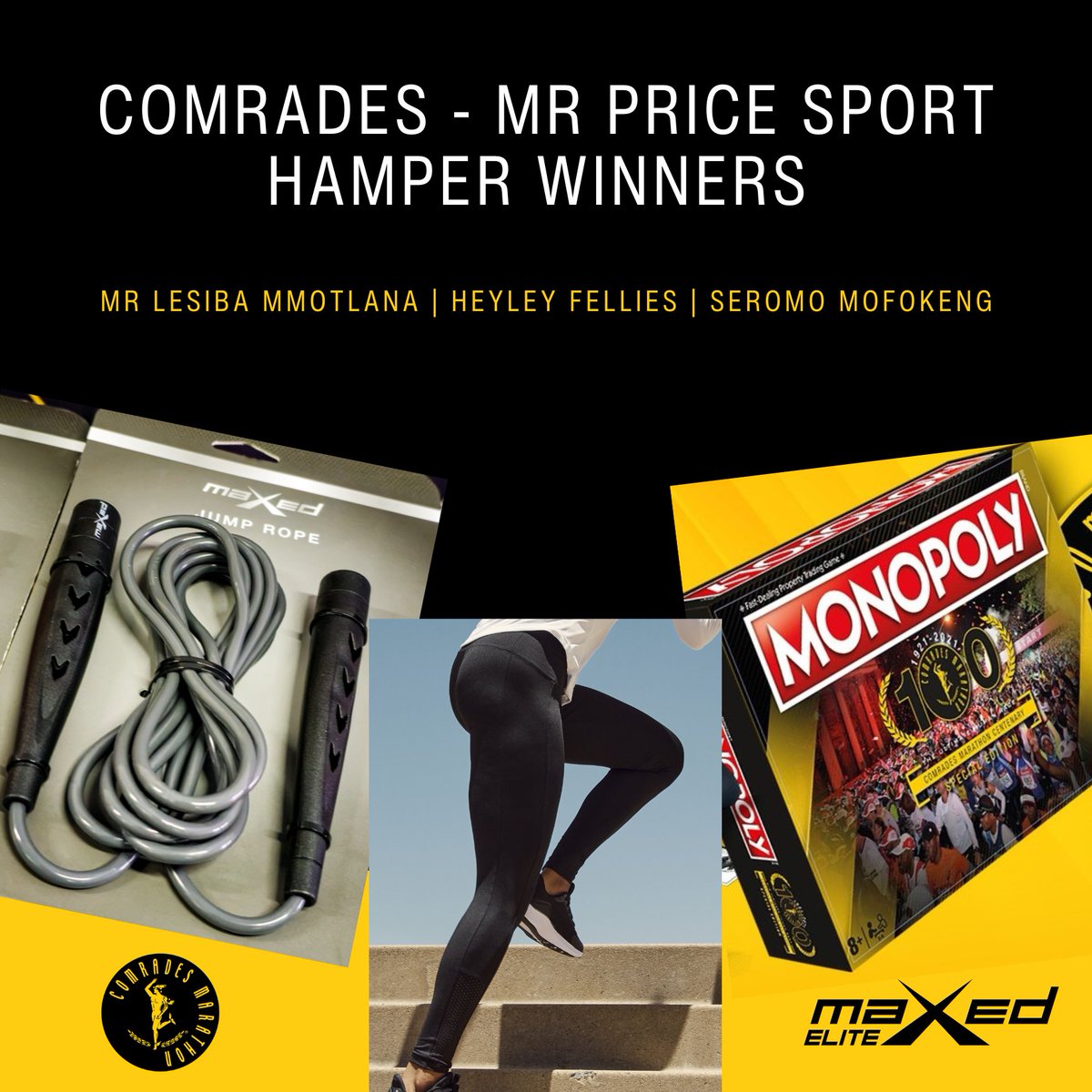 Congratulations to our 3 winners of the Comrades/Mr Price Sport hamper. @MrTrapnlos - Twitter @Heyley Fellies - Facebook @seromo mofokeng - Instagram Wanna be part of the #ComradesSuperFan?