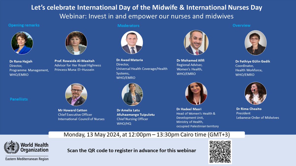 Join us as we continue to celebrate nurses and midwives this month! How do we invest in and empower one of the most essential resources for health? 👩🏽‍⚕️👩🏾‍⚕️🧑🏾‍⚕️🧑🏿‍⚕️👩🏿‍⚕️ 📅13 May 2024 ⌚12:00 - 13:30 PM Cairo (GMT+3) Register: who-e.zoom.us/meeting/regist… #IND2024