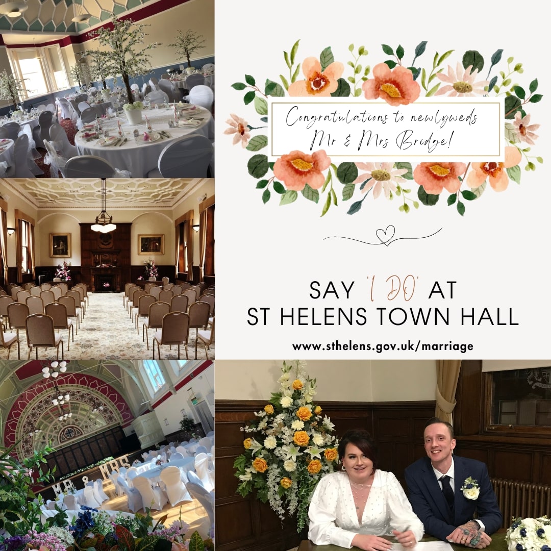 Massive congratulations to newlyweds Mr & Mrs Bridge who recently tied the knot at St Helens town hall🎉💐💍 Do you want to say 'I do' and have your special day at St Helens town hall too? Go to👉 sthelens.gov.uk/marriage