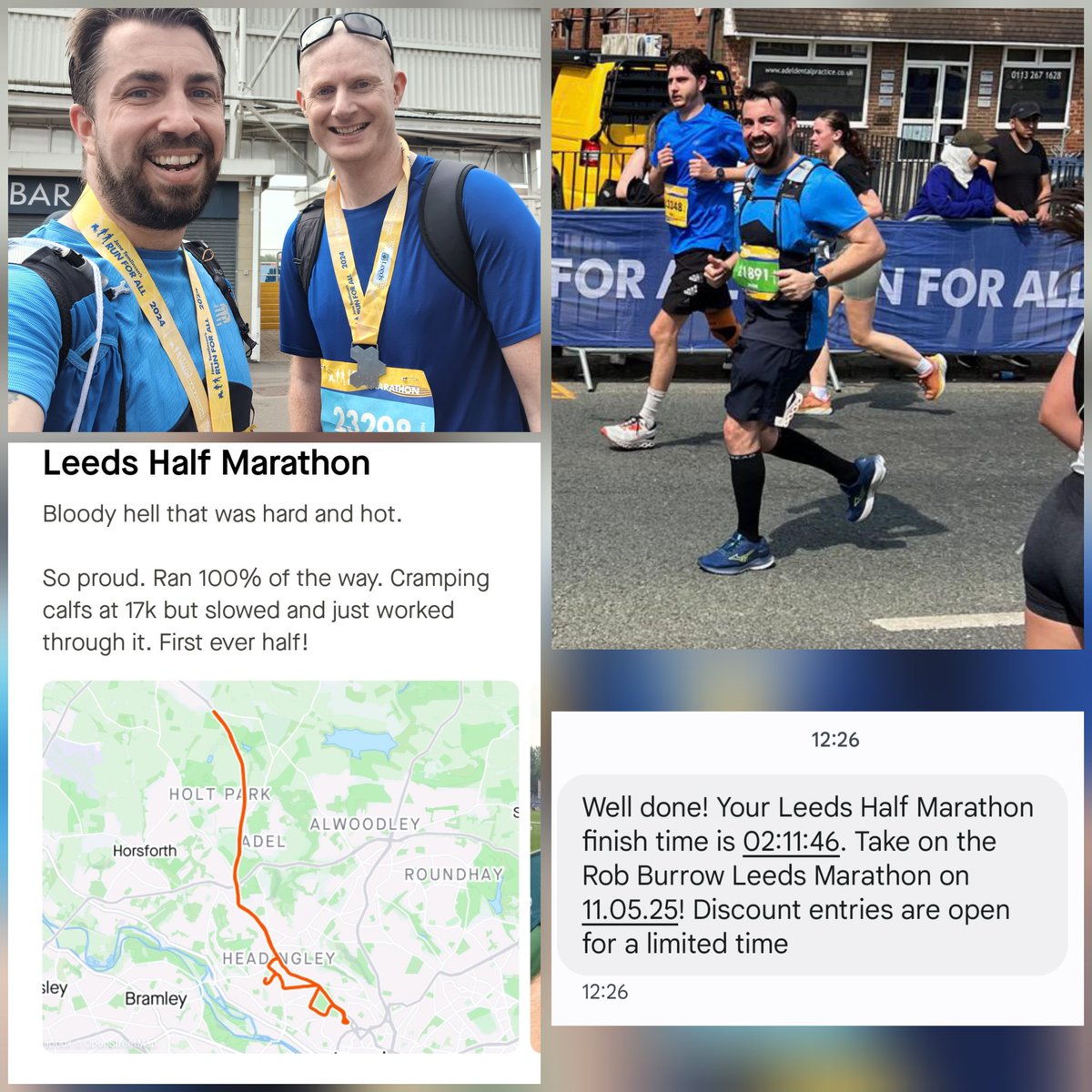 Super proud. First ever #HalfMarathon done ✔️ 2:11:46 which I am really pleased with. It was soooooo hot 🔥 #LeedsHalfMarathon I ran the whole way which I'm also pleased with... cramping calfs at 17k slowed me a bit. #running #runningman #UKrunChat woop