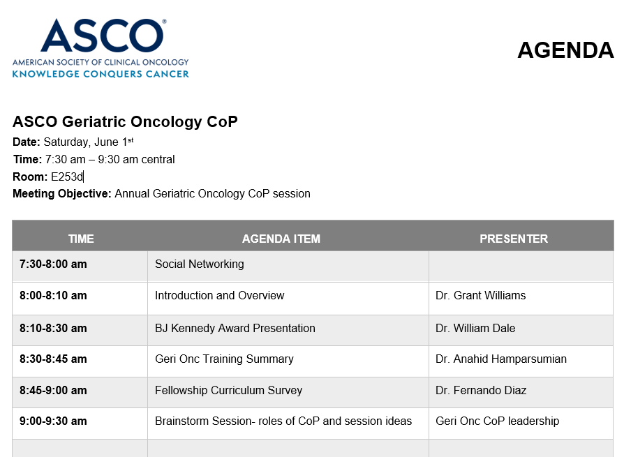 The agenda is set! Join us Saturday morning at #ASCO24 for our next #GeriOncCoP meeting. We're excited to host winner of the BJ Kennedy Geriatric Oncology Award, @WilliamDale_MD. All are welcomed to attend! #gerionc #geriheme #olderadults society.asco.org/special-awards…