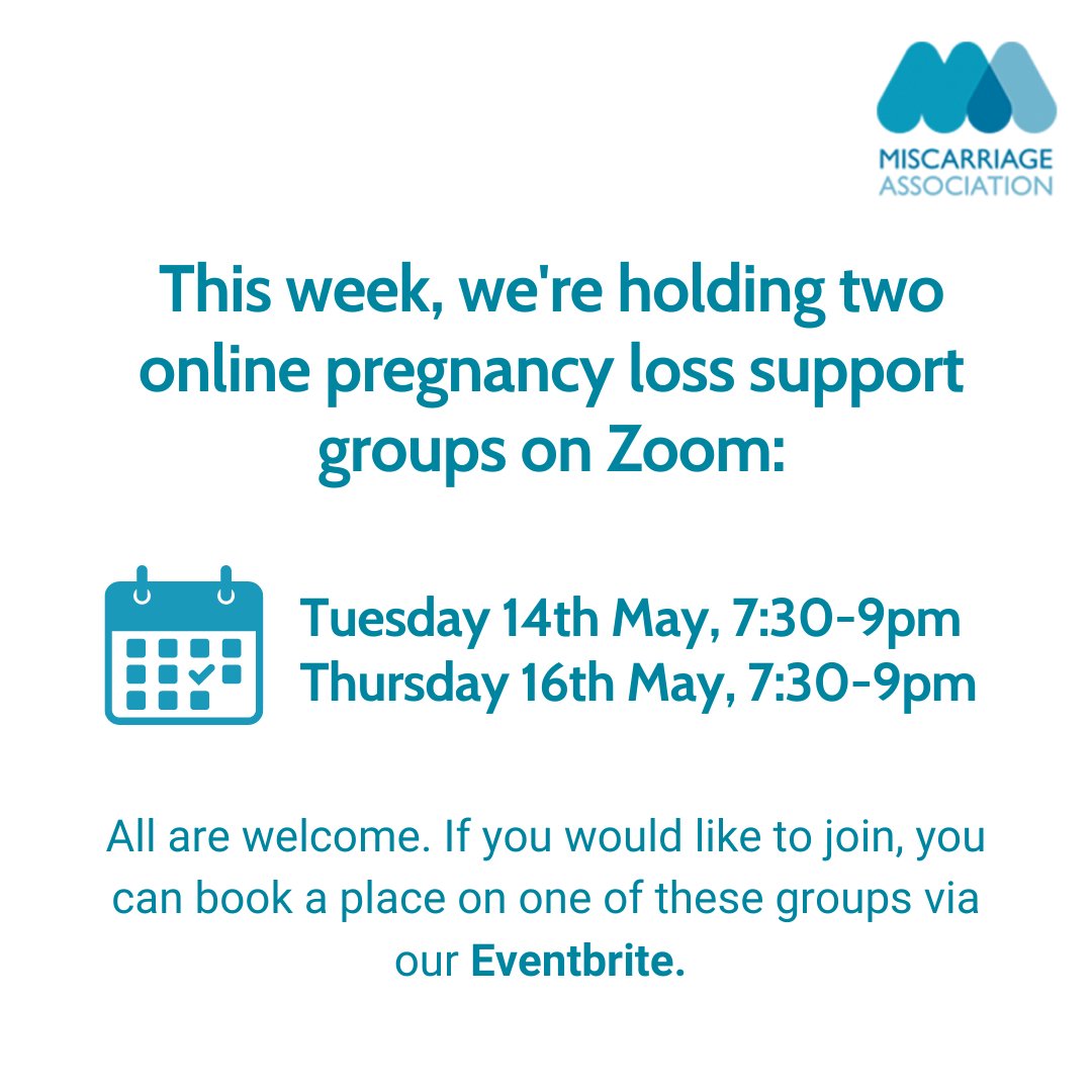 We're holding two Zoom support groups for anyone affected by pregnancy loss:

🗓️ Tuesday 14th May, 7:30-9pm
🗓️ Thursday 16th May, 7:30-9pm

All are welcome. If you'd like to attend one of these sessions, you can register by visiting our Eventbrite page: ow.ly/g6TO50RBXwb